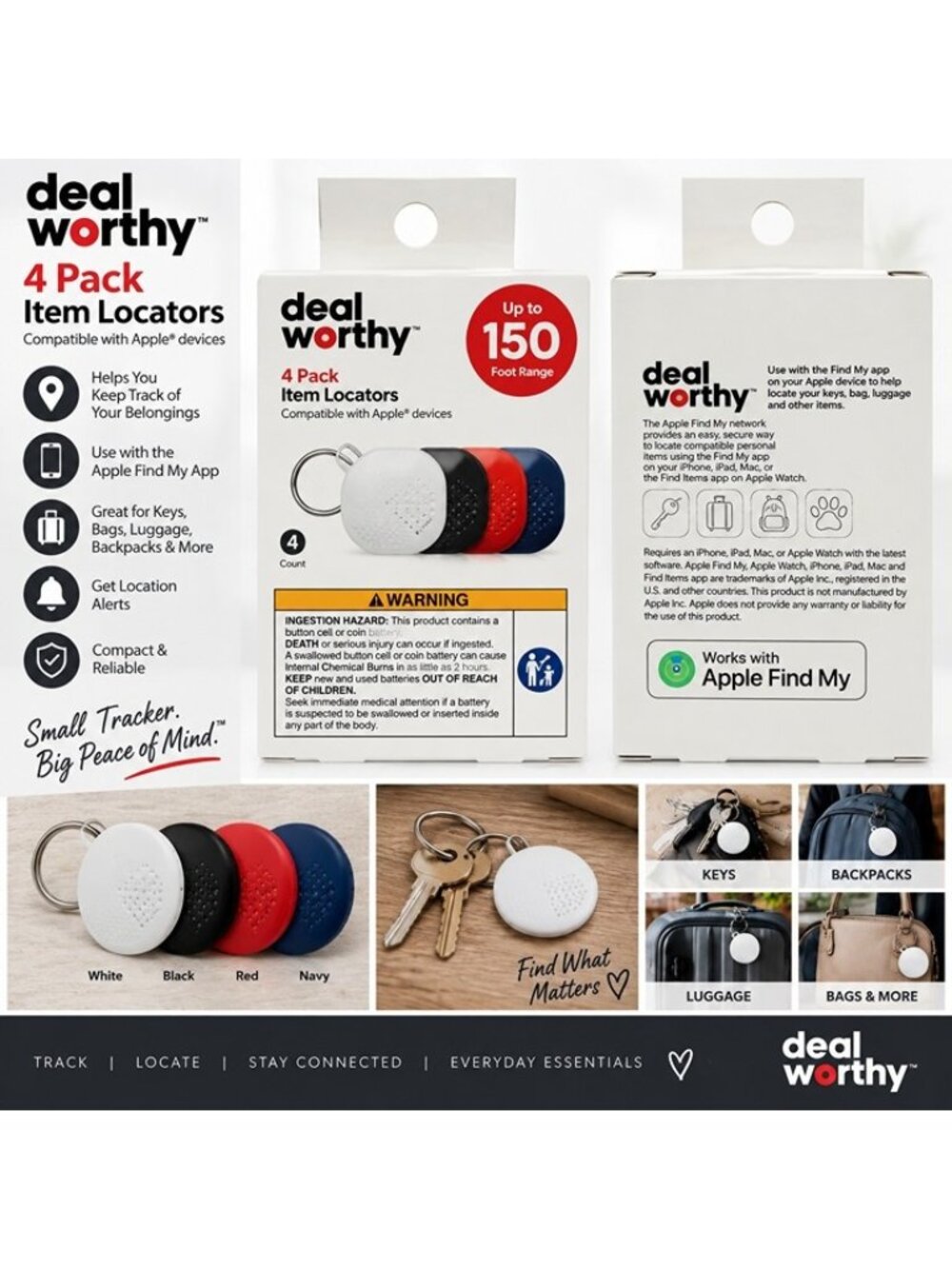 Deal Worthy 4 Pack Item Locators Apple Find My Compatible Trackers 150 Ft NWT